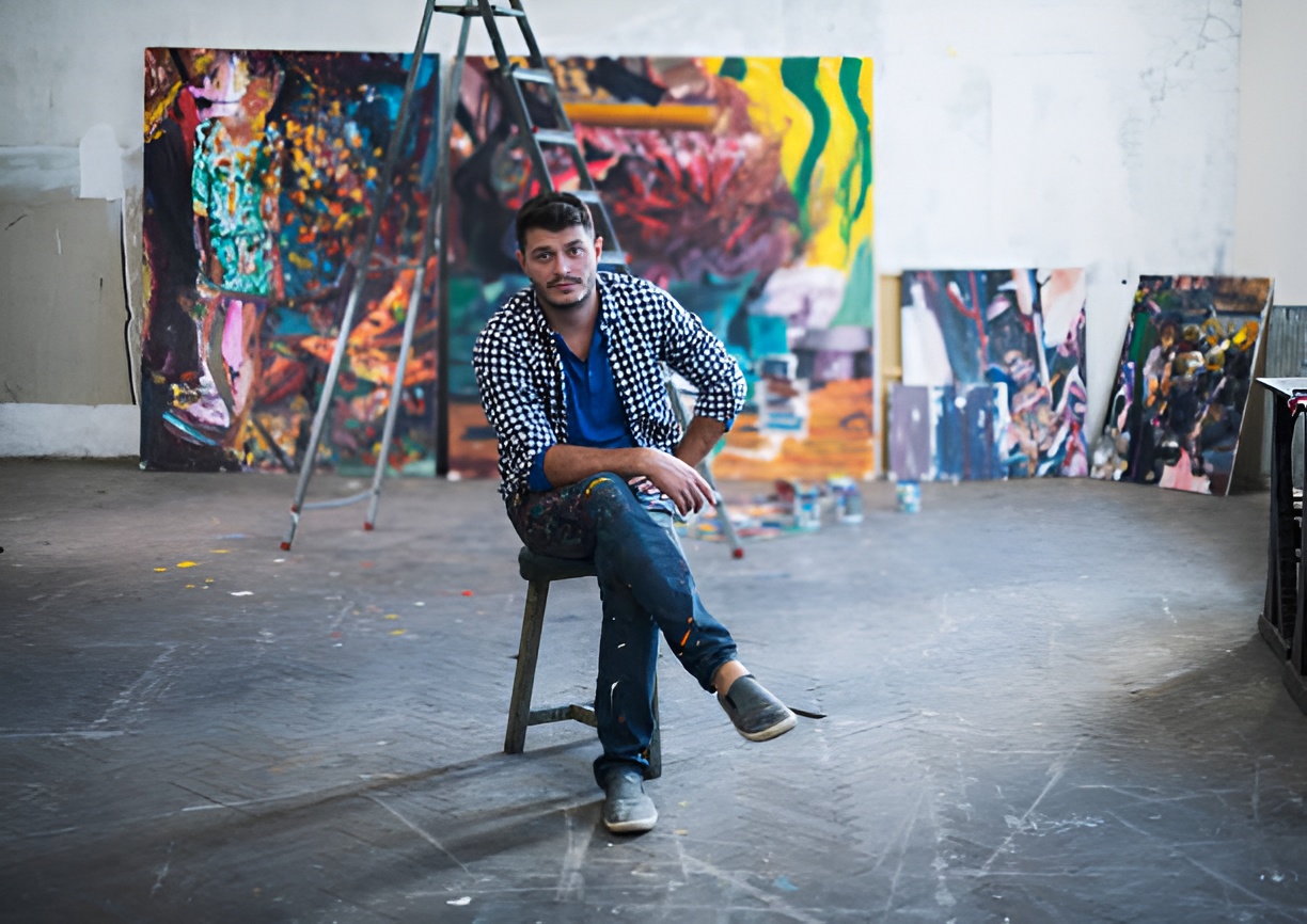 artist sitting on a stool, with artworks behind him