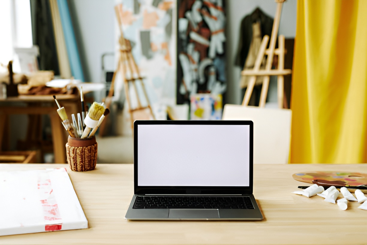 laptop on a desk, with artworks and tools in the background